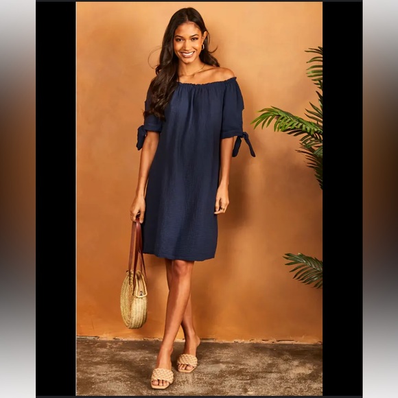 Vince Camuto Dress Sz 8 Navy Blue Off the Shoulder Sheath Above Knee Lined - Picture 1 of 4